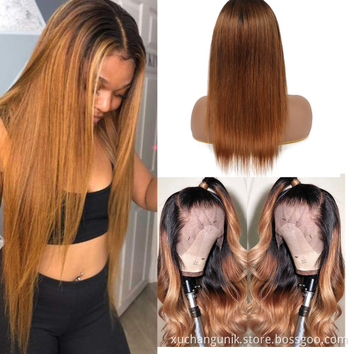 Uniky 130% Ombre Brown Lace Front Human Hair Wig Straight Remy 1B 27 Colored Human Hair Wigs Deep Part Swiss Lace Wig
